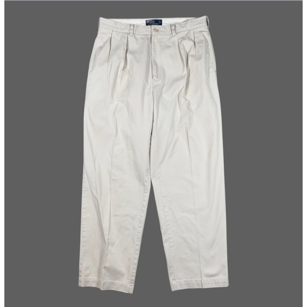 Polo Ralph Lauren Pants Mens 34x29 Cream Andrew Chino Double Pleat Trouser VTG